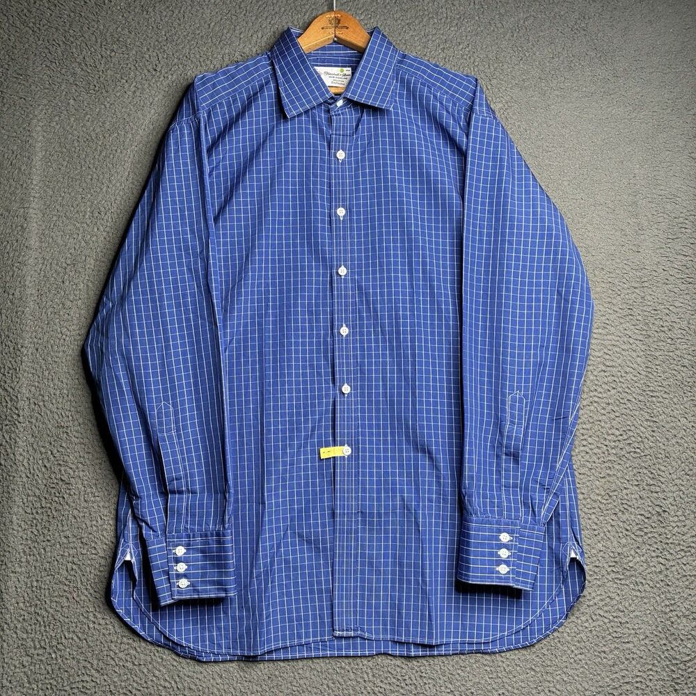 TURNBULL & ASSER Cotton Dress Shirt Blue Check Sz 17.5 Made In England